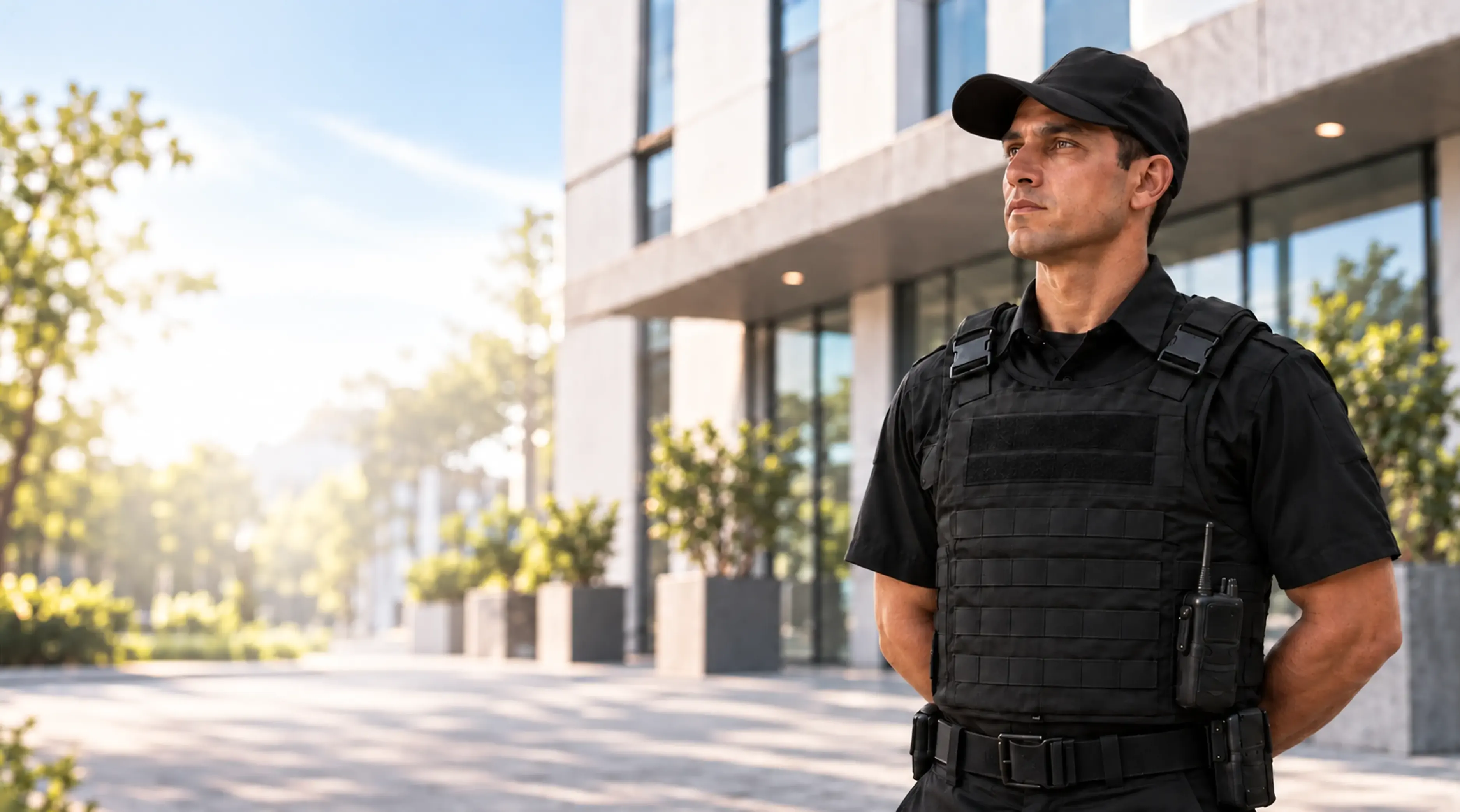 Vigilante do Grupo Thompson em frente a um prédio público